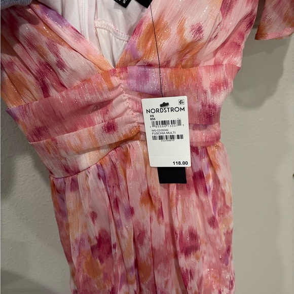 Lulus | Nalia Pink Abstract Print Tiered Tie-Back Midi Dress | Size XS - Picture 6 of 7